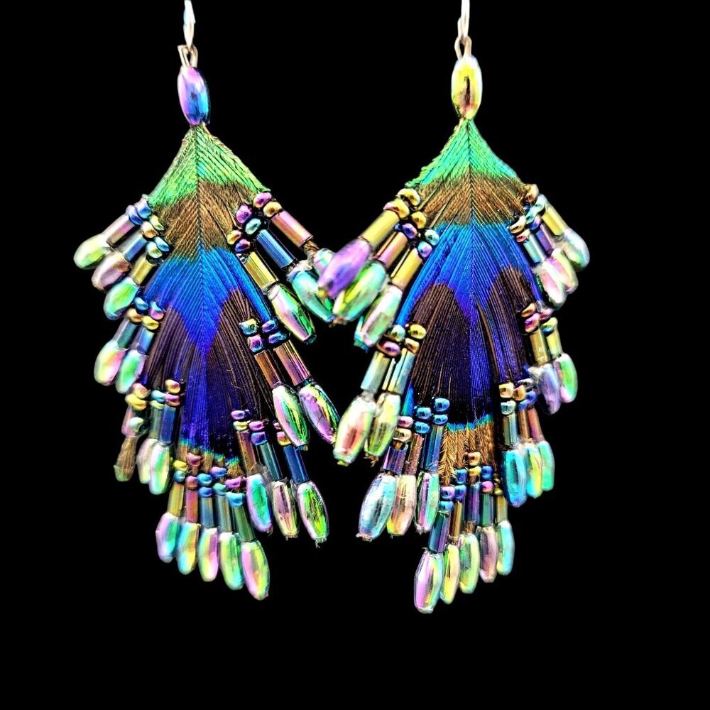 Handcrafted Iridescent Peacock Feather & Bead Earrings Shell Leaf Design 3.5" - Picture 3 of 7